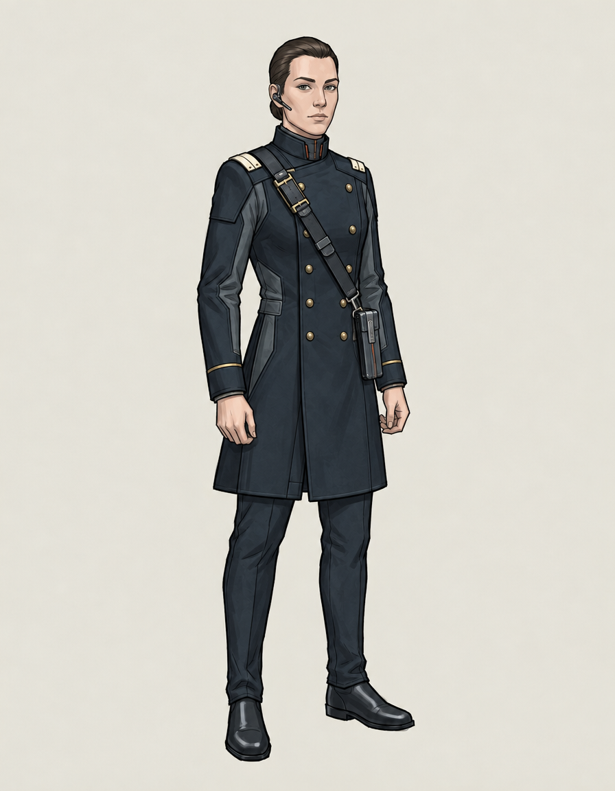 A naval lieutenant in a longer double-breasted coat with gold buttons and a cross-strap