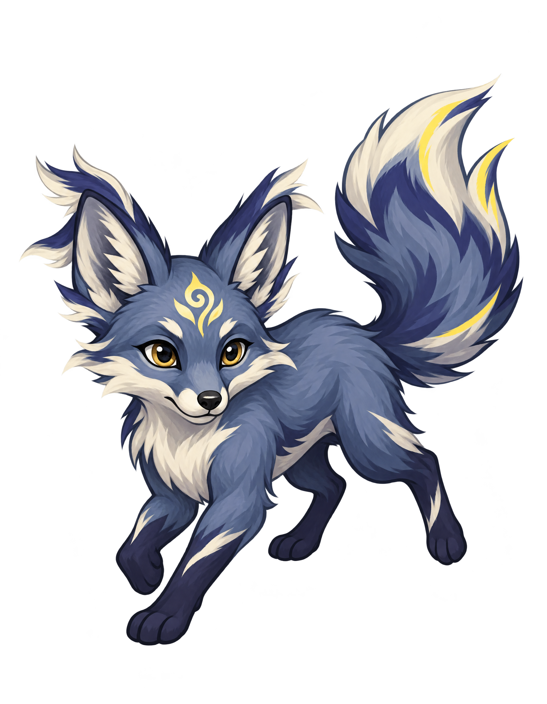 The fox spirit in indigo with a windswept tail, crouched to sprint