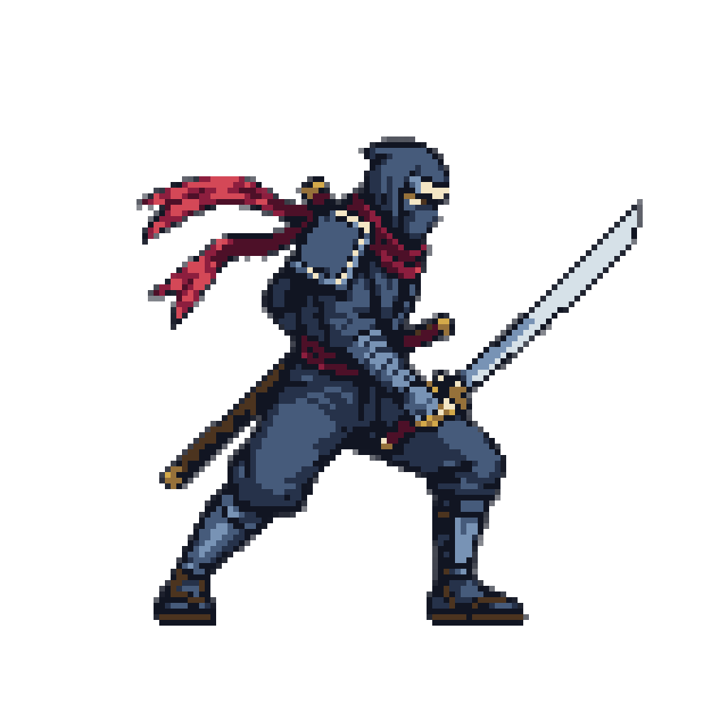 A Mega Drive ninja sprite in navy armor with a trailing red scarf, crouched with a drawn katana