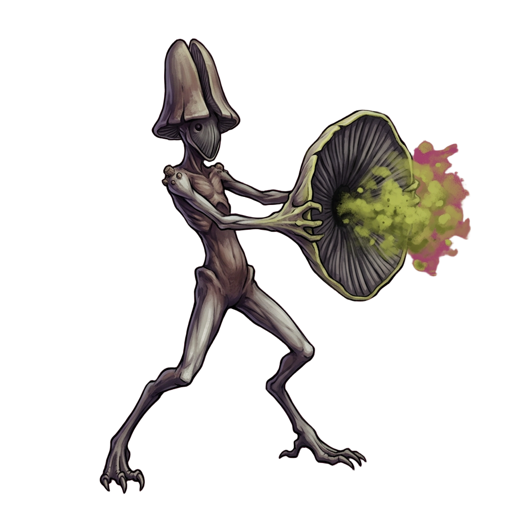 A tall, thin fungal caster firing a cloud of green spores from a parasol-shaped cap