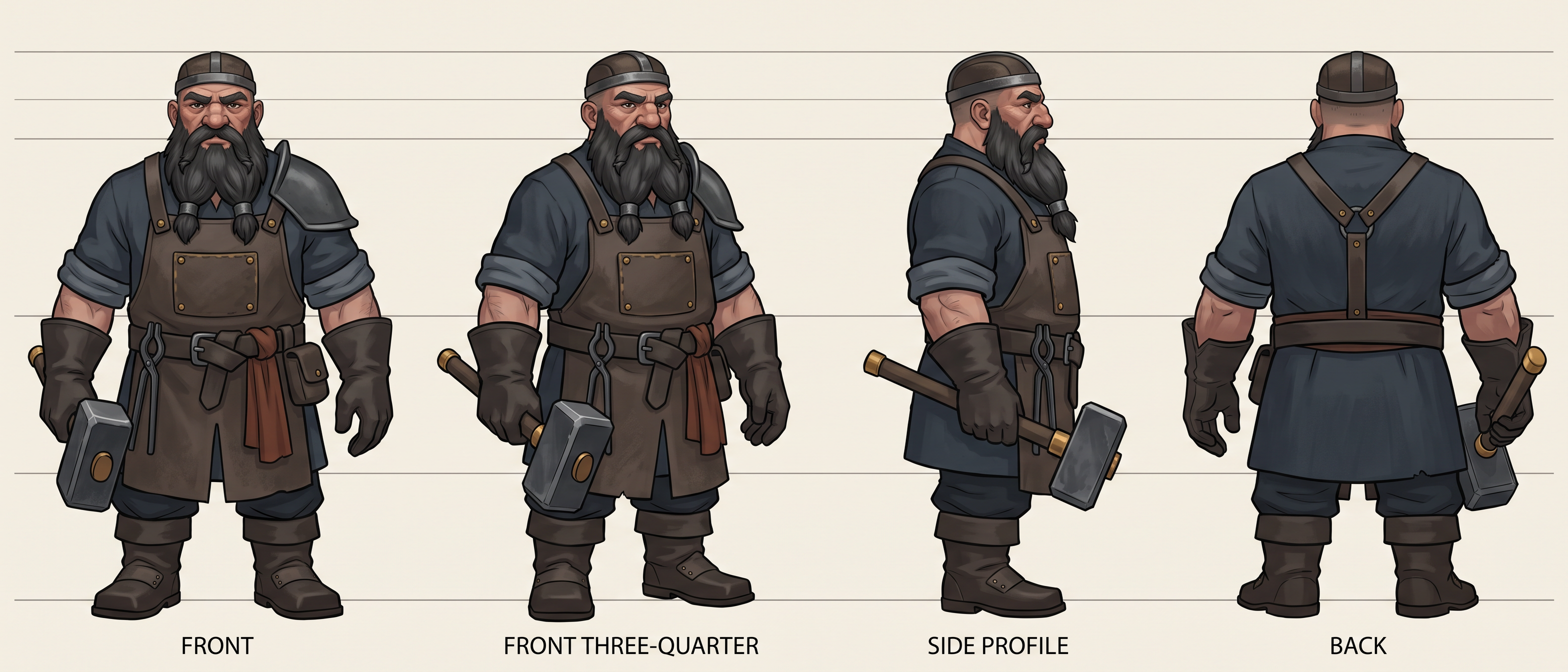 A four-view turnaround of a stout dwarven blacksmith with a braided beard, leather apron and hammer, labeled front, front three-quarter, side profile and back