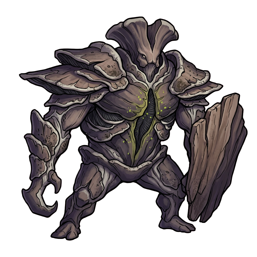 A heavy fungal elite armored in shelf fungus and carrying a slab shield