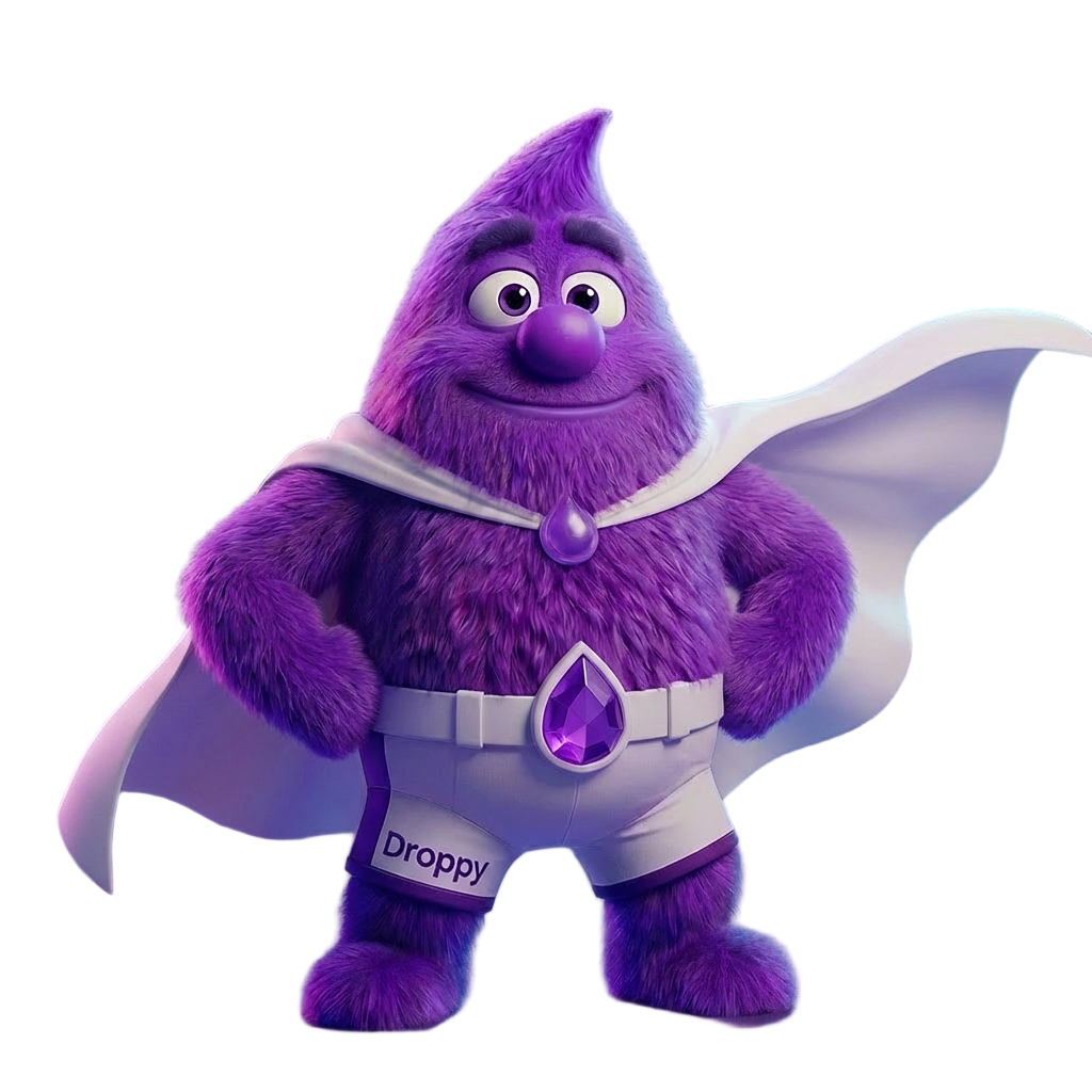 A furry purple mascot in a white cape, the source 3D render