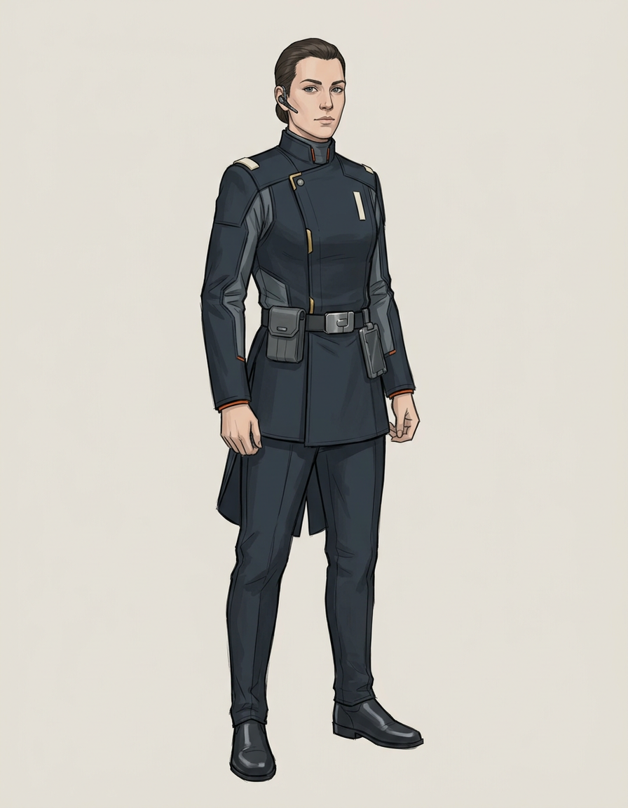 A naval ensign in a short black duty jacket with a single rank bar and a utility belt