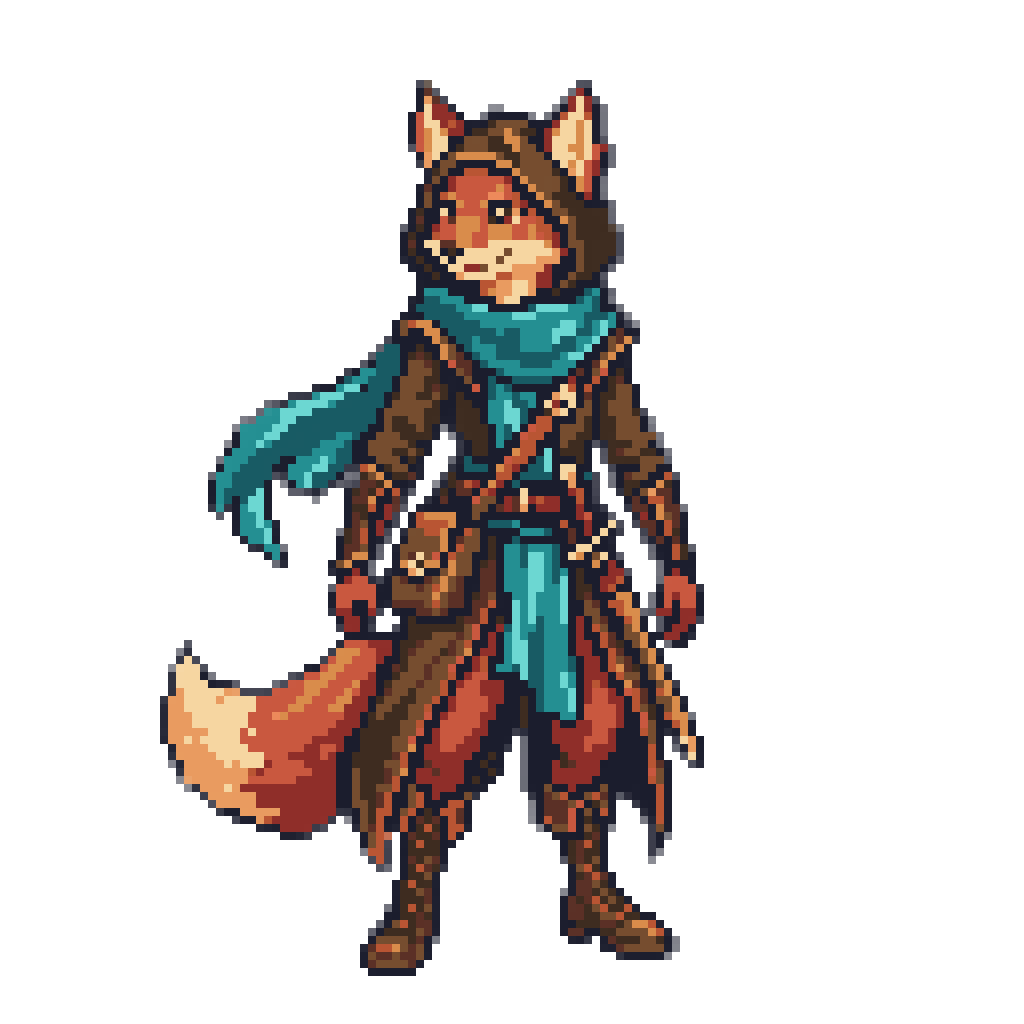 The fox adventurer redrawn as a SNES sprite, with the hood, satchel, belt and sword intact