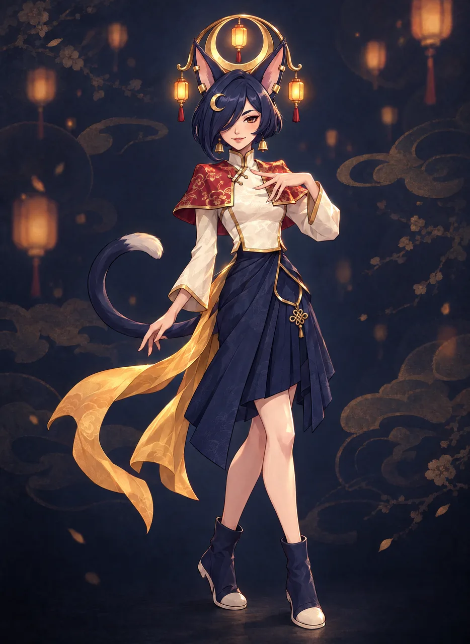 A cat-eared idol in a lantern-festival skin, with a crescent crown of lanterns framing her ears and her tail left free
