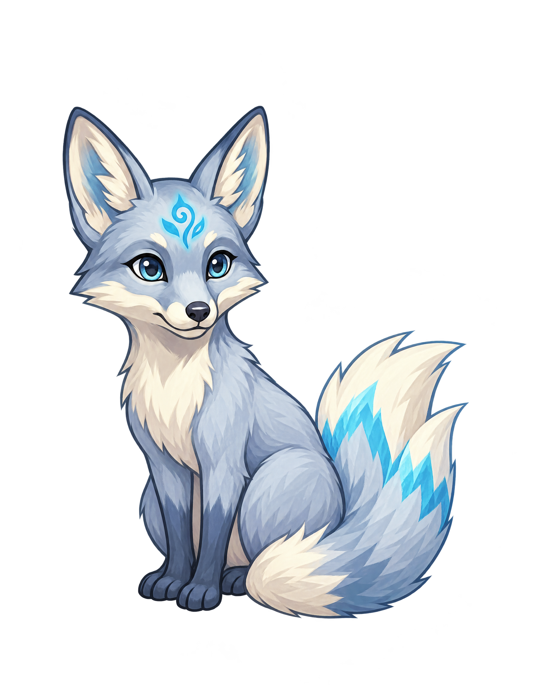 The fox spirit in frost gray and pale blue, sitting calmly