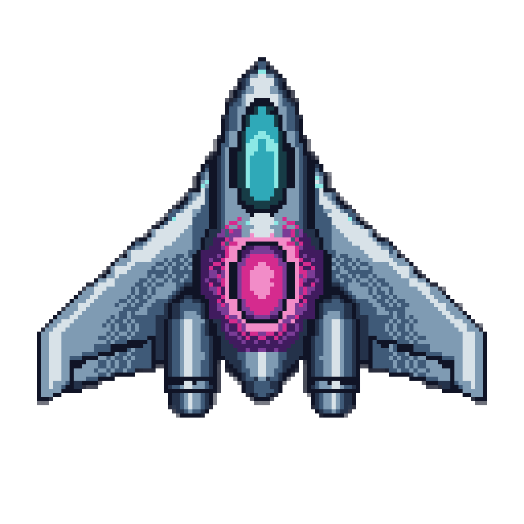 A top-down Mega Drive fighter ship in steel blue with a teal cockpit and a dithered magenta engine core