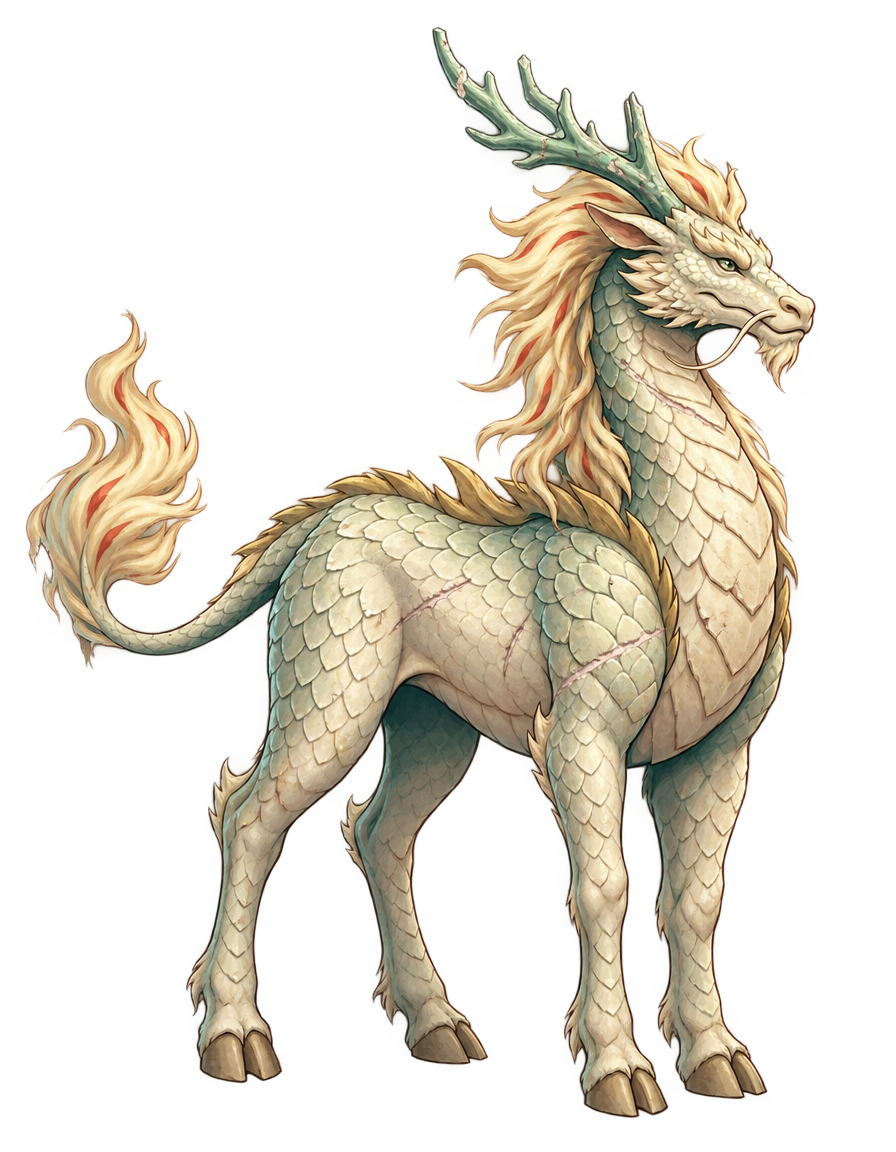 An ancient kirin with a heavier build, a fuller mane and a tall, branching weathered horn