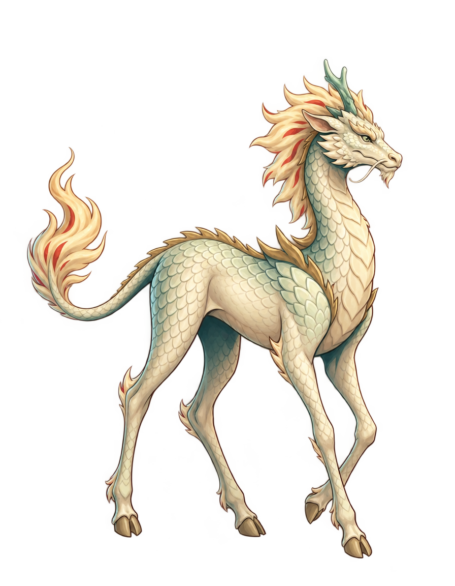 A lanky kirin yearling with long legs, a growing mane and a partly branched horn