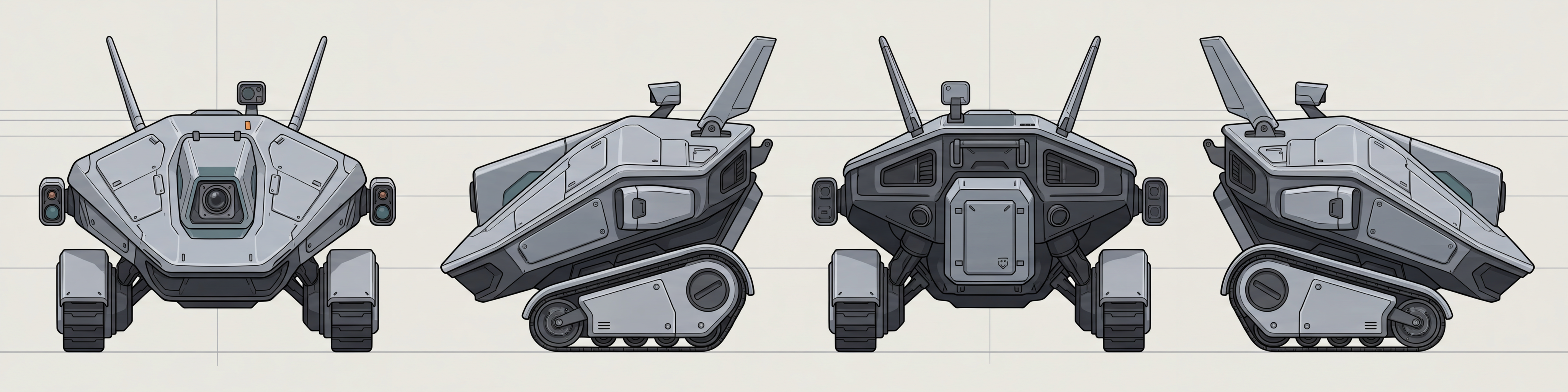A four-view turnaround of a wedge-bodied scout robot on treads, front, left, back and right