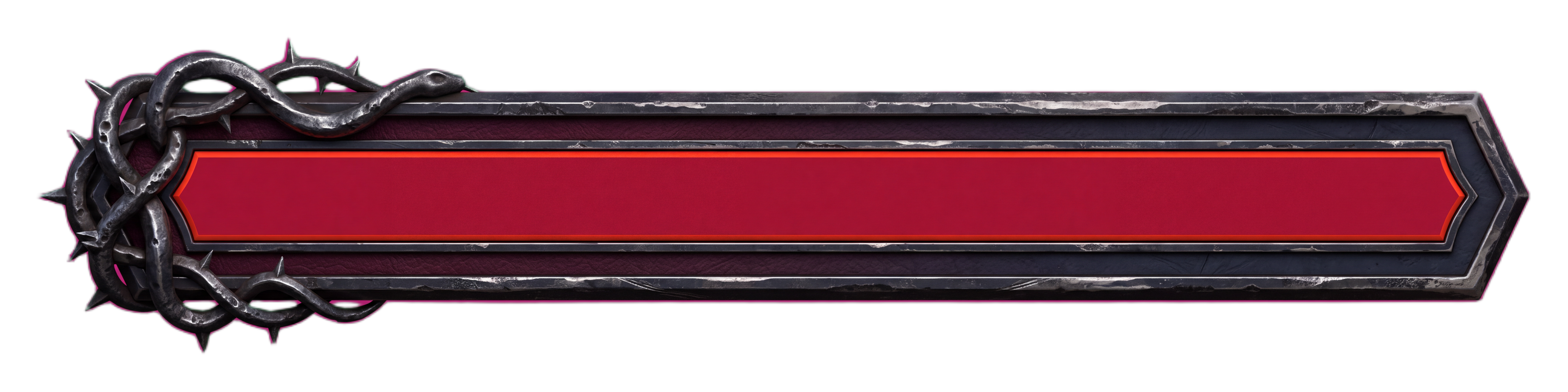 A dark fantasy health bar at full health, thorned iron frame with a crimson fill