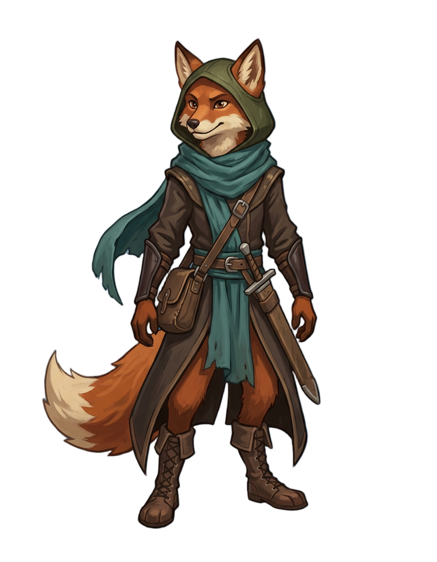 A painted illustration of a fox adventurer in a green hood, teal scarf and long brown coat