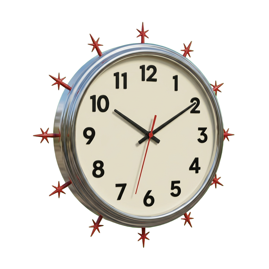 A chrome wall clock with a cream face and red starburst points around the rim