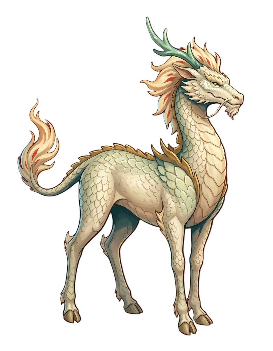 An adult kirin with cream scales, a flame-tipped mane and tail, and an antler-like jade horn