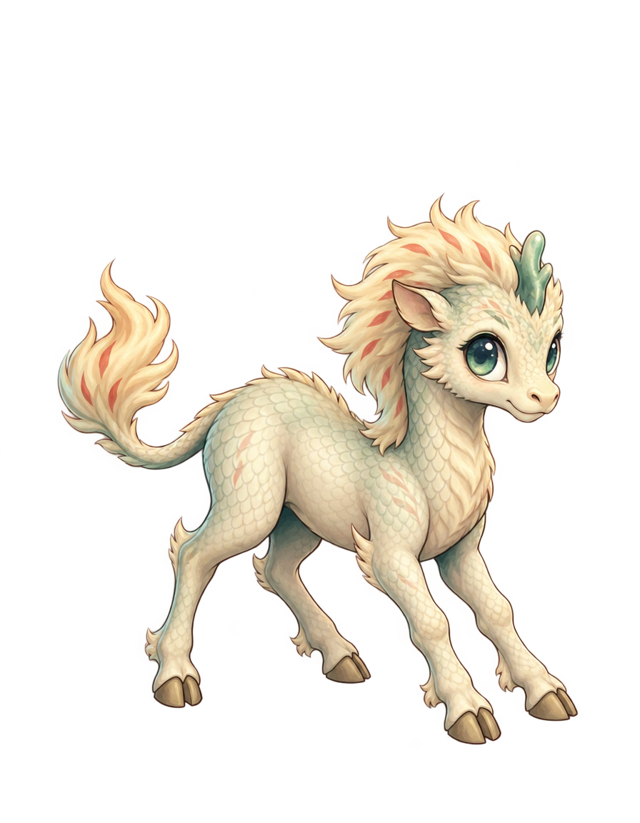 A kirin foal with a short muzzle, large eyes, a fluffy flame-tipped mane and a small horn bud