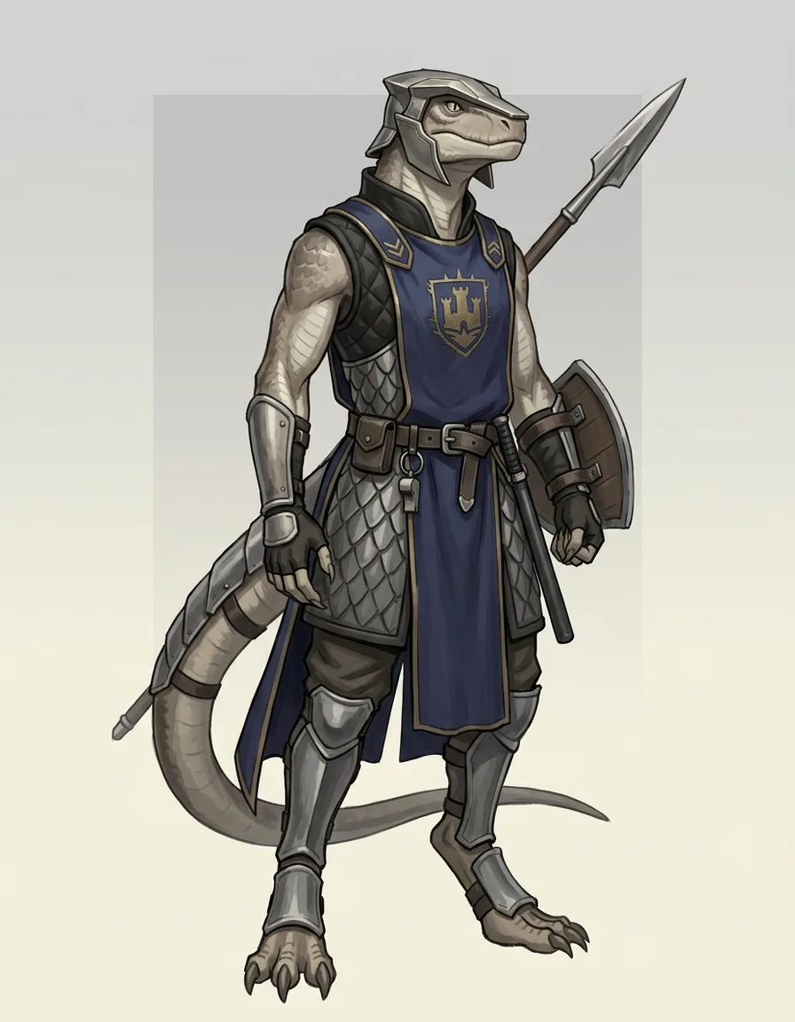 A lizardfolk city guard in a snout-shaped helm, a blue tabard over scale mail, bare scaled arms, and a tail armored in segmented plates