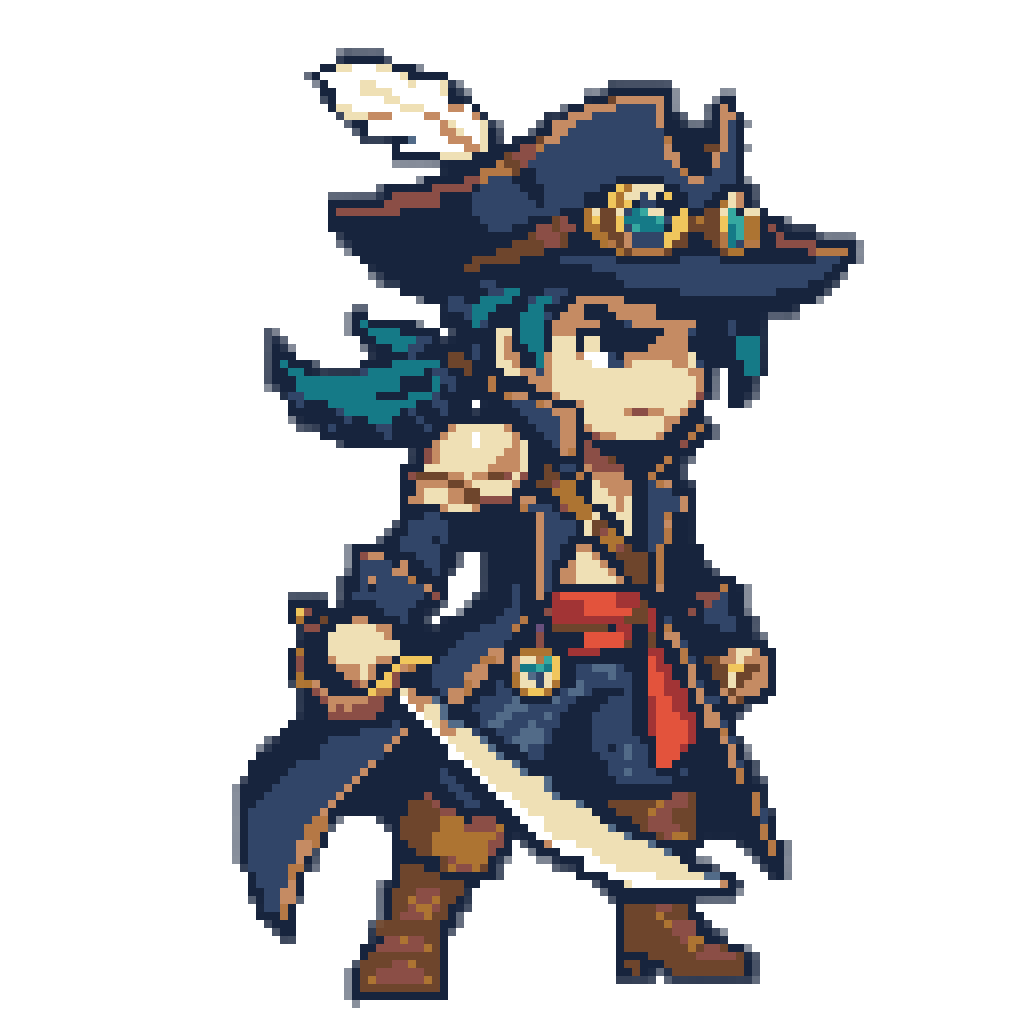 A GBA sprite of a sky pirate captain in a feathered tricorn with flight goggles, a navy coat, a red sash and a cutlass