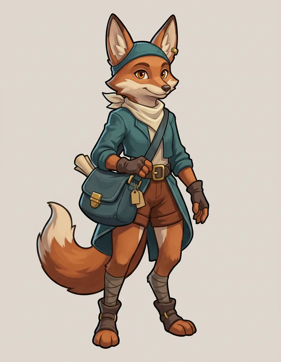 The approved fox courier: a teal coat and cap, a cream neckerchief, a satchel, shorts, and wrapped legs
