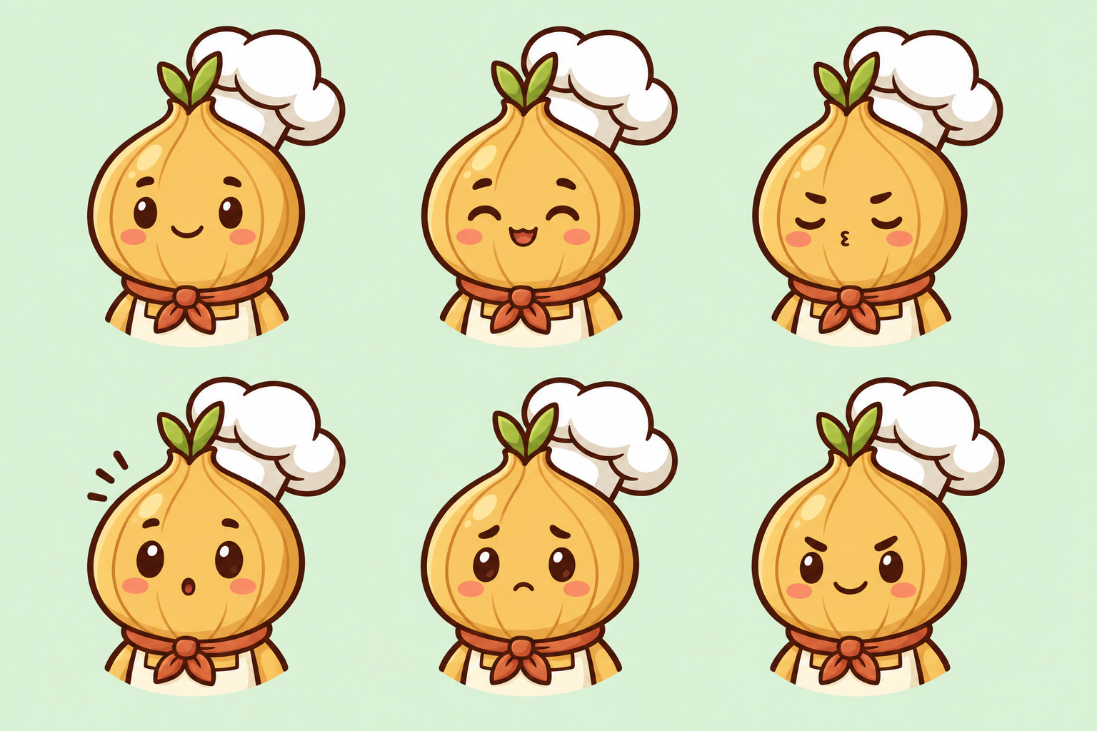 Six head-and-shoulders portraits of the onion chef, welcoming, delighted, focused, startled, worried and determined