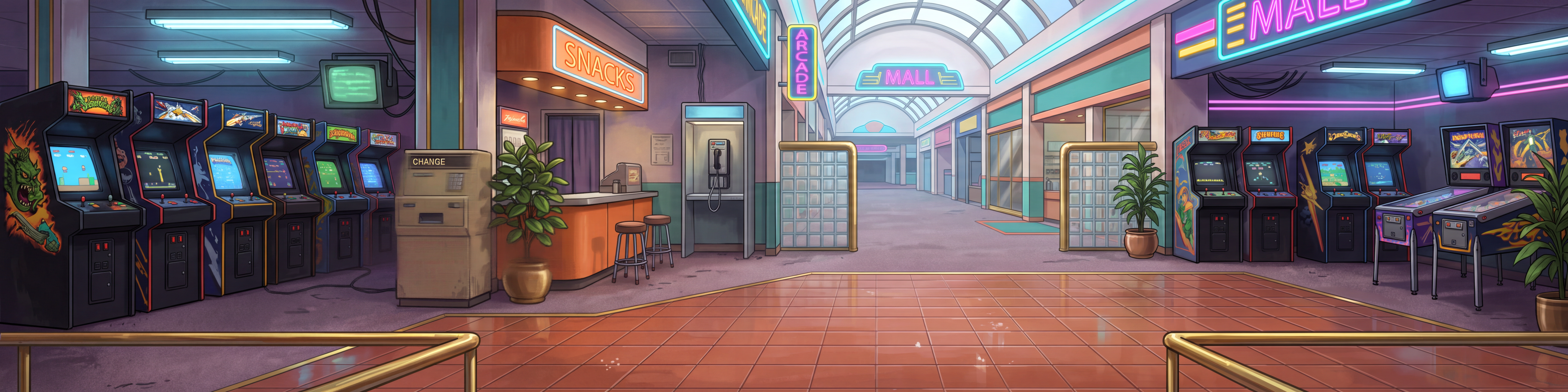 A wide side-scrolling background of a 1980s mall arcade, with rows of arcade cabinets, pinball tables, a snack counter, a payphone, neon signs and a skylit mall concourse