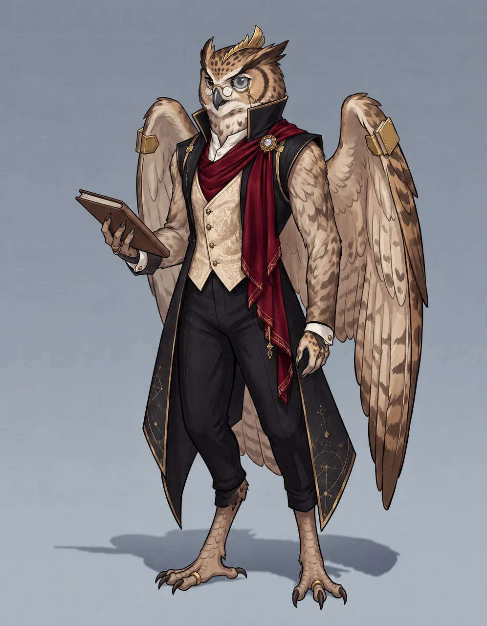 An owl-folk scholar in evening wear: an open-backed black tailcoat with brass cuffs around the wings, a brocade waistcoat, and a red cravat