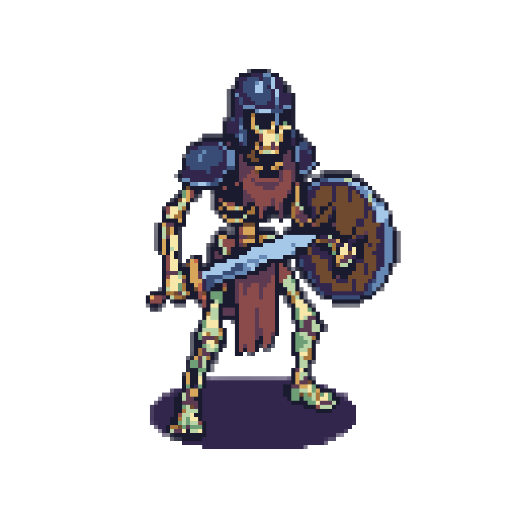 A GBA sprite of a skeleton knight with a helmet, a round shield and a sword