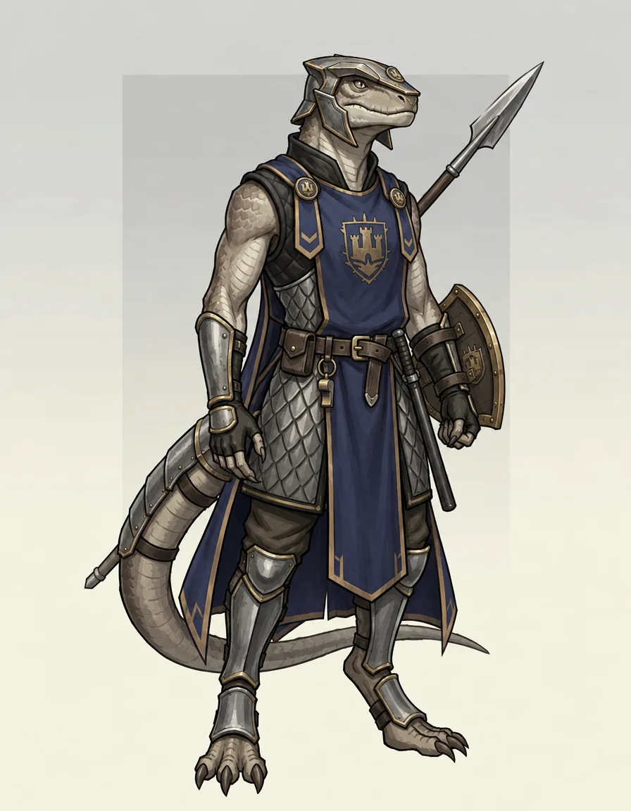 The same lizardfolk guard as gate captain: gold-edged tabard, chevrons, shoulder studs, and the crest on the shield