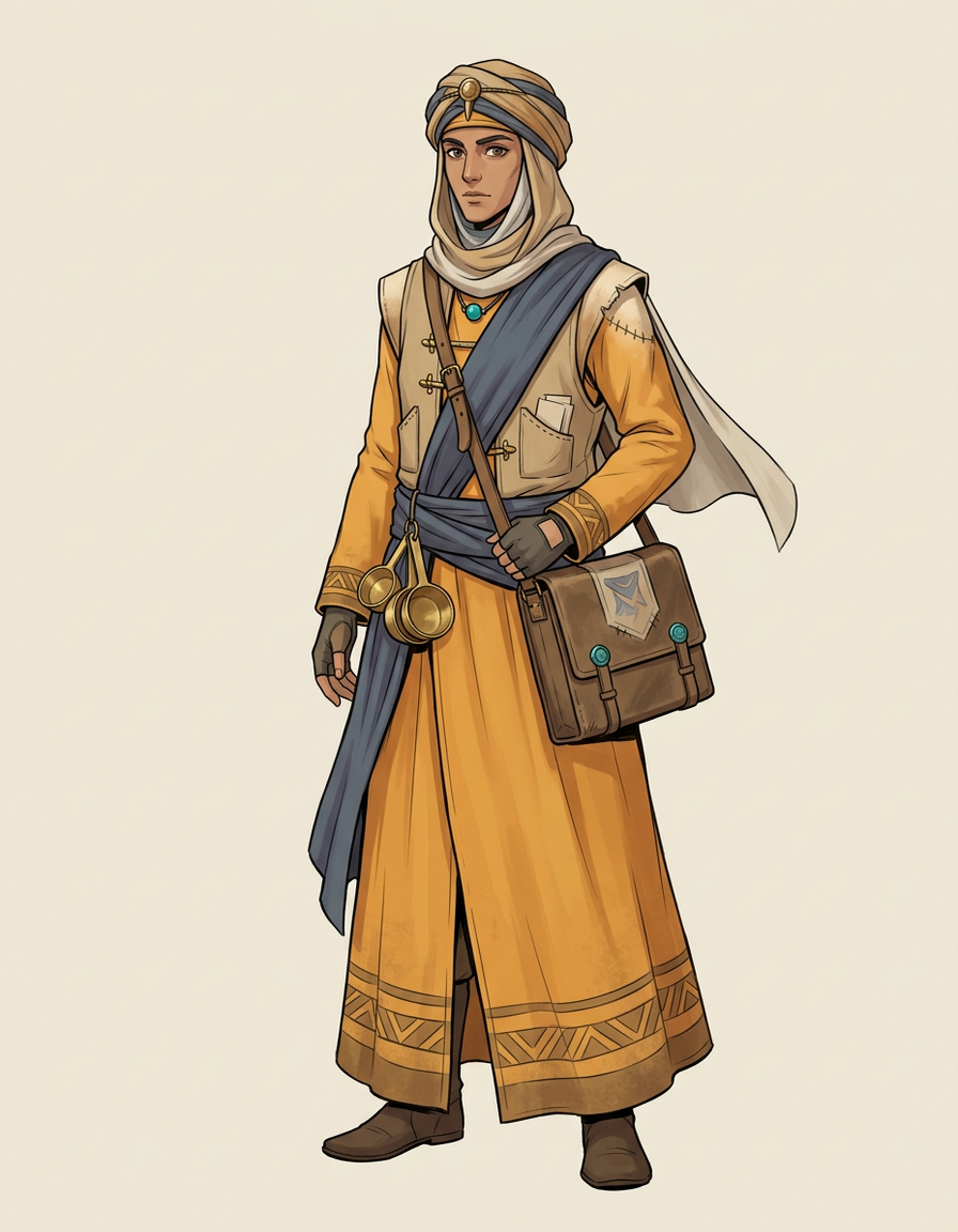 A desert merchant in saffron robes with an indigo sash, a head wrap and a leather satchel