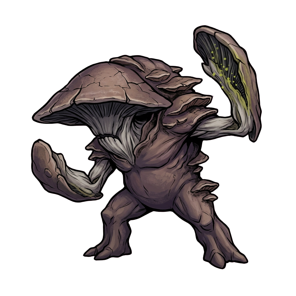 A low, wide fungal grunt with a broad cap and two club-like arms