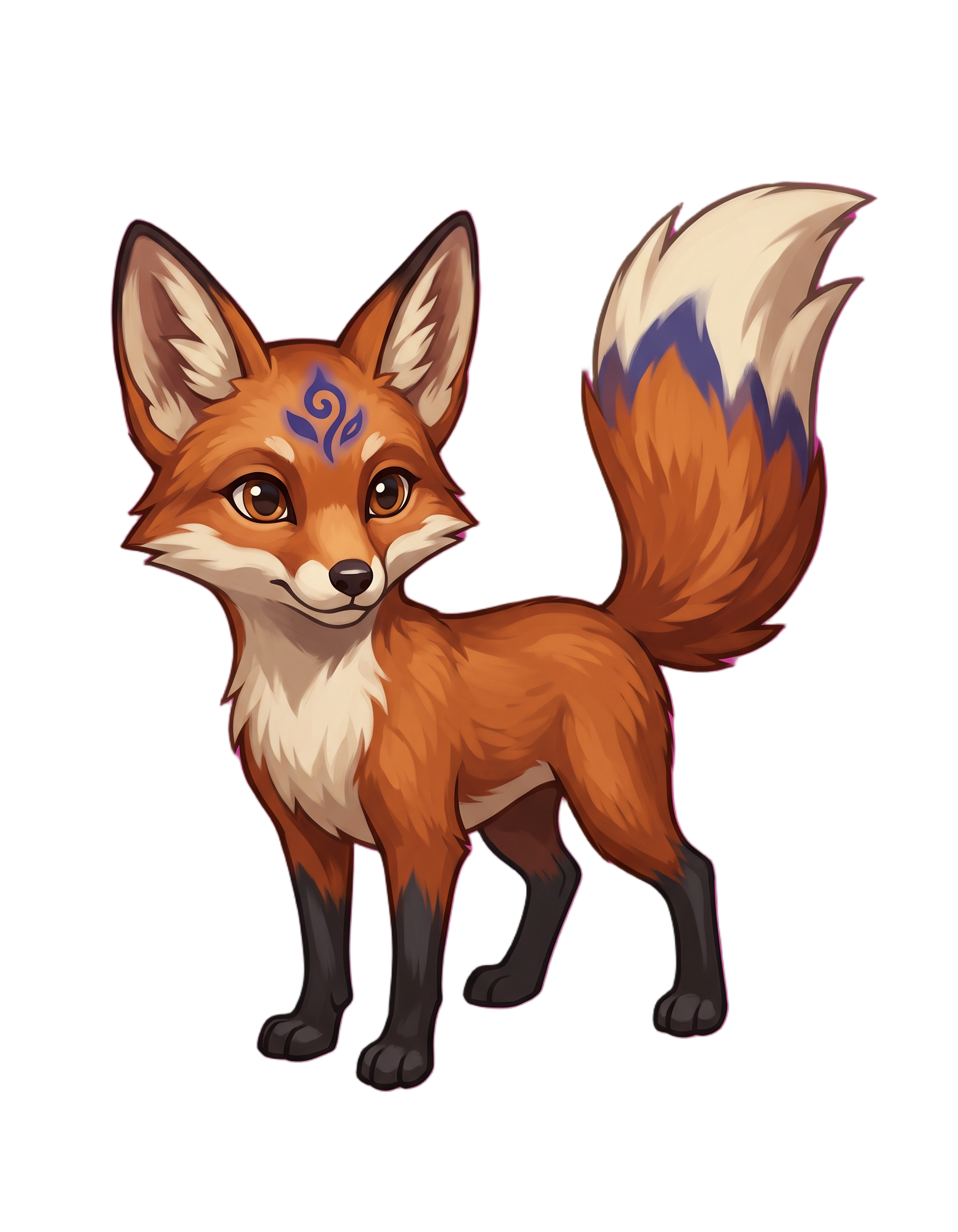A russet fox spirit with a split-tip tail, cream markings and an indigo sigil on its forehead