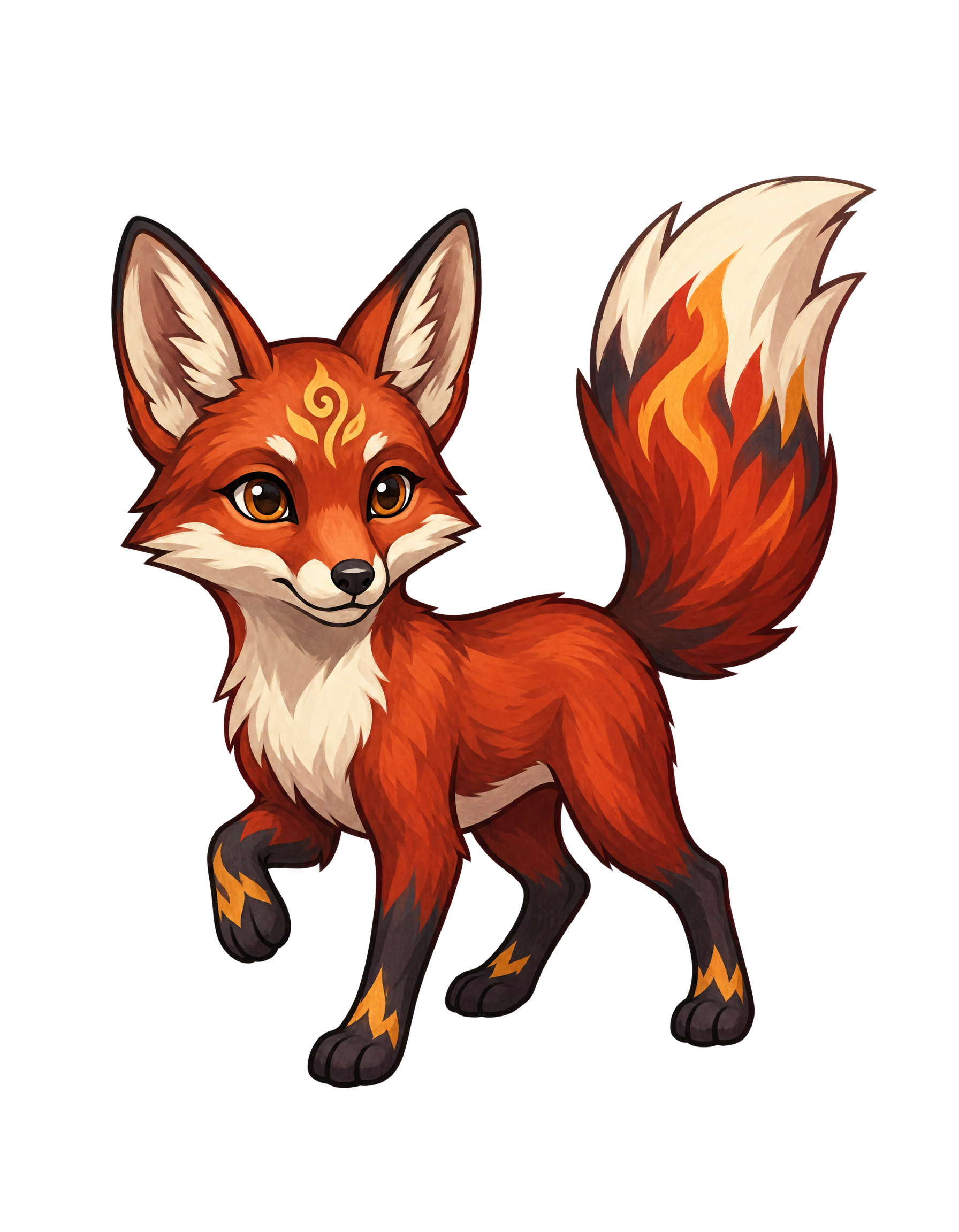 The fox spirit in ember red with a flame-tipped tail, one forepaw raised