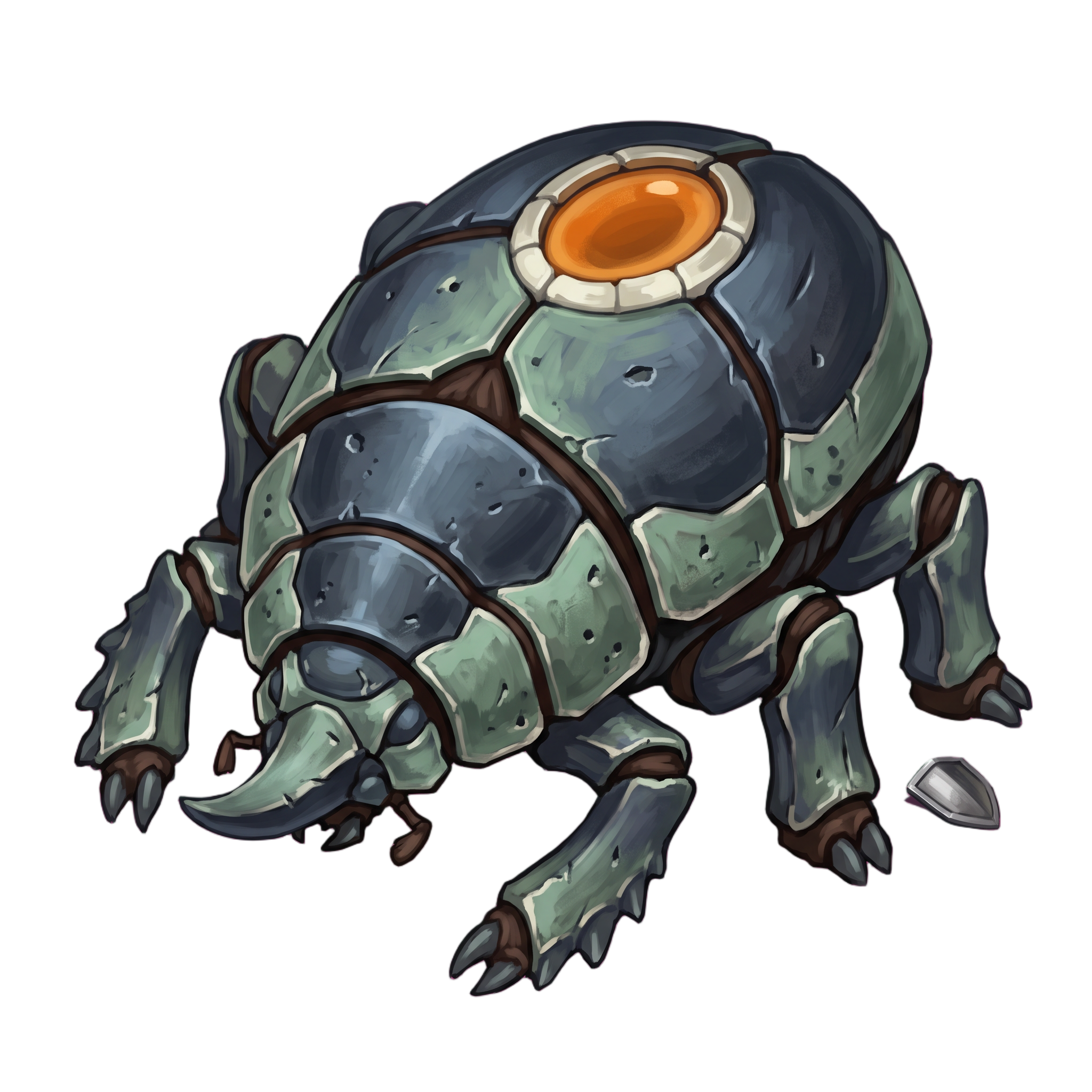 An iron and verdigris armored beetle boss with a guarded amber weak point on its back