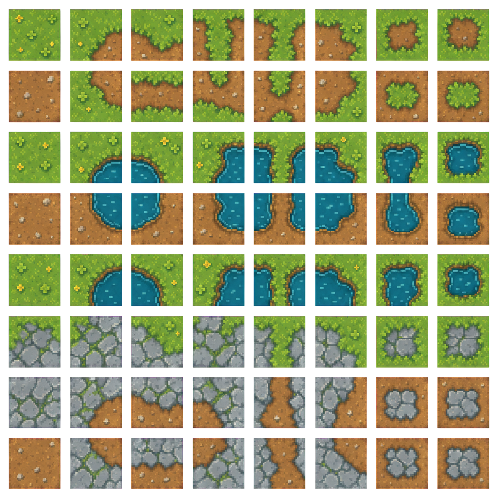 An eight by eight atlas of pixel-art terrain tiles covering grass, dirt, water and stone, with edges, corners, banks and transitions between them