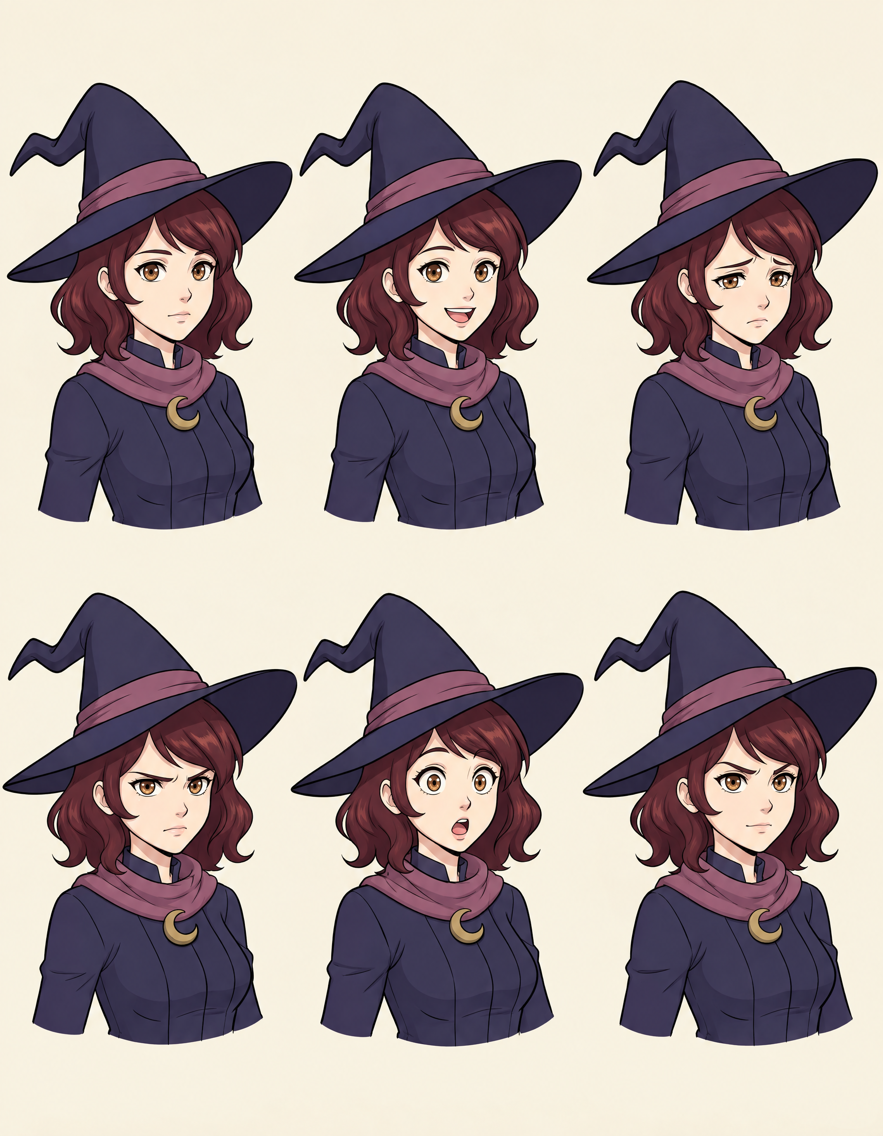 Six anime-style portraits of a young witch with auburn hair and a crooked pointed hat, neutral, happy, sad, angry, surprised and determined