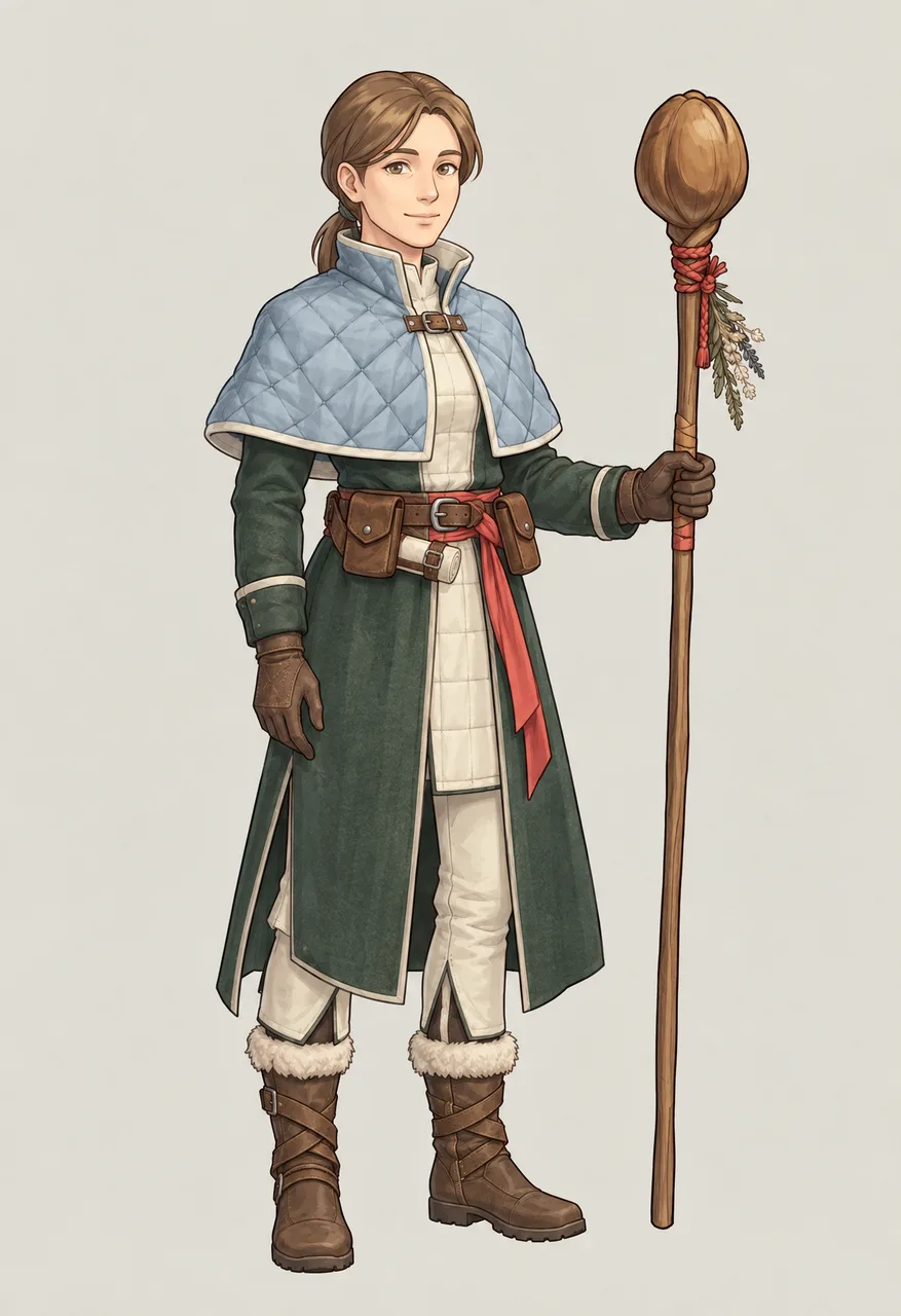 The same healer in a winter skin: a quilted pale-blue capelet over a long fur-trimmed green coat, gloves, and lined boots, holding the same staff