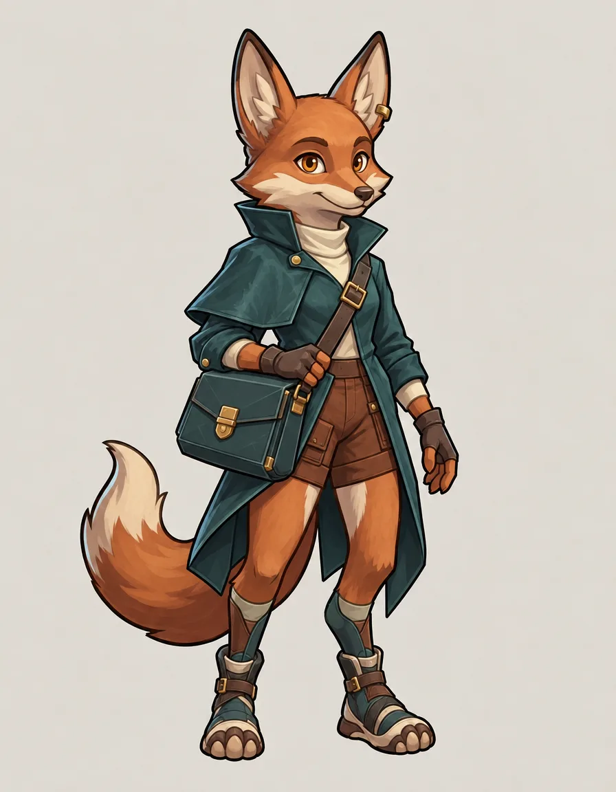 The same fox courier in a courier-luxe skin: a high-collared teal trench cape, a structured satchel with brass hardware, and chunky sneaker-boots