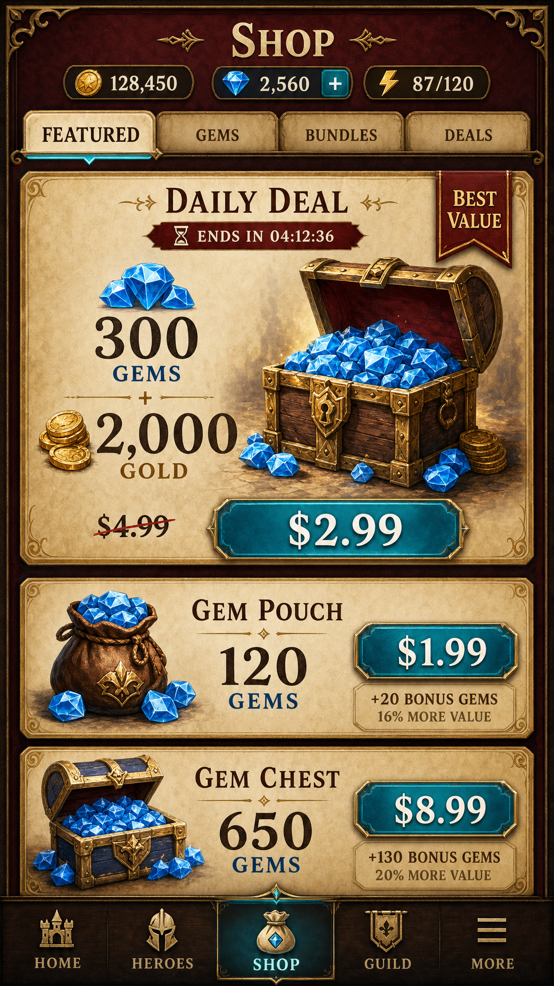 A portrait fantasy RPG shop screen with a daily deal, gem bundles and a currency bar