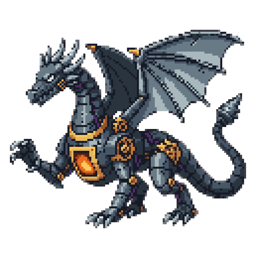 A SNES boss sprite of a clockwork dragon in gunmetal plates with brass gears and a glowing amber furnace in its chest