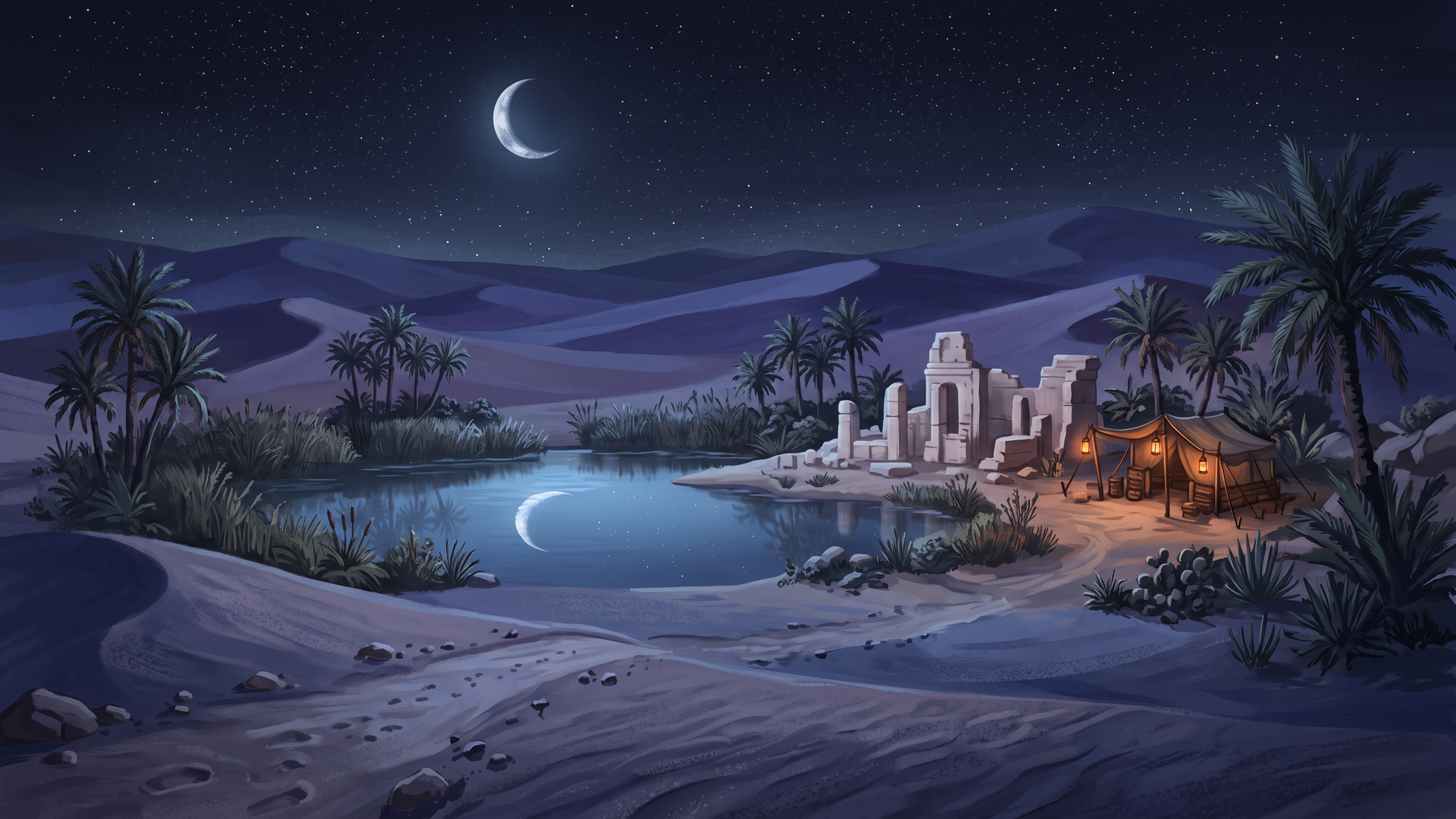 A painted moonlit desert oasis with a crescent moon over palms and still water