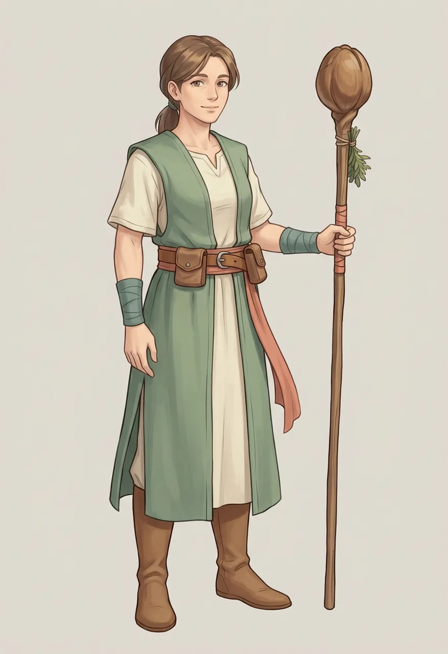 The approved healer: a green tabard over a cream tunic, a coral sash, and a wooden staff tied with herbs