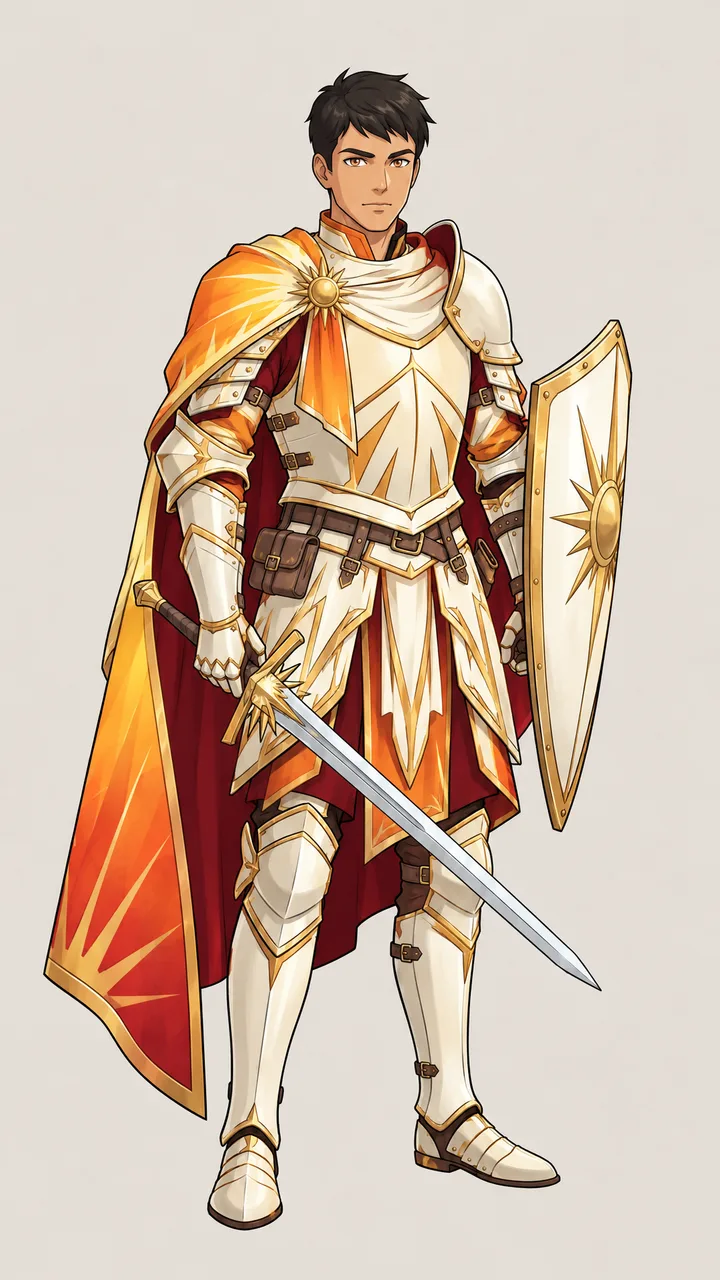 The epic skin: the same knight in white and gold plate with a crimson and orange sunburst cape