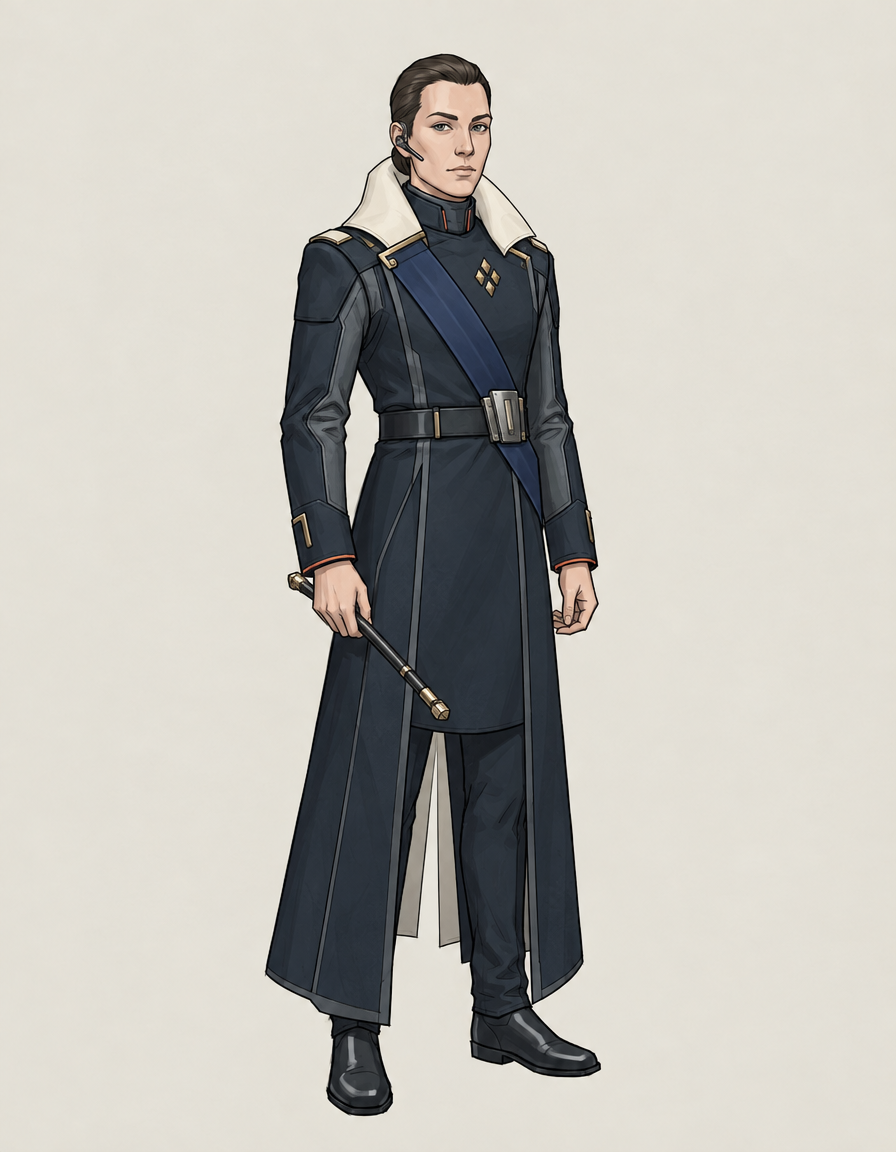 A naval admiral in a long coat with an ivory collar, a blue sash, gold insignia and a command baton