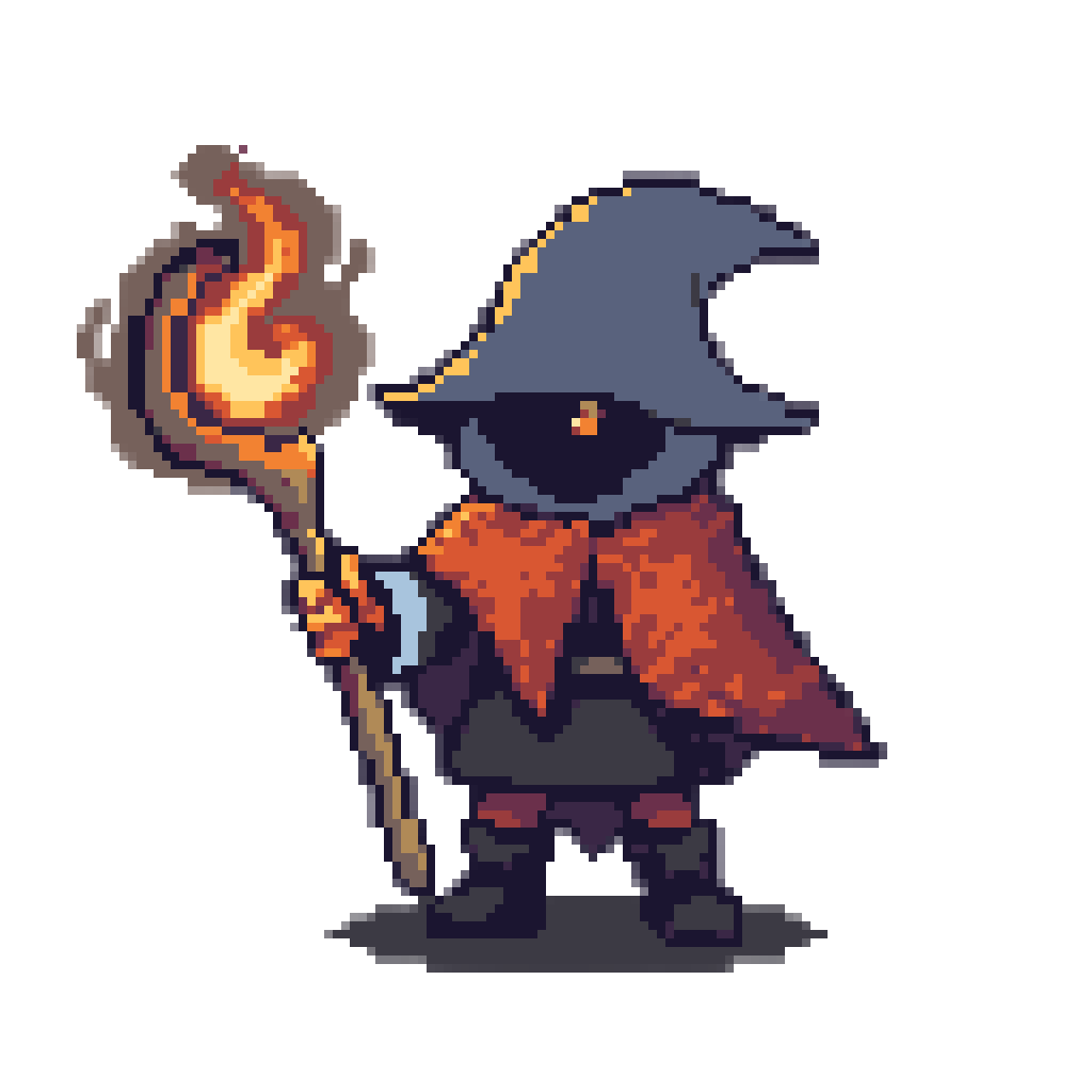 A SNES fire mage sprite in a slate hat and rust cloak, holding a staff crowned with flame