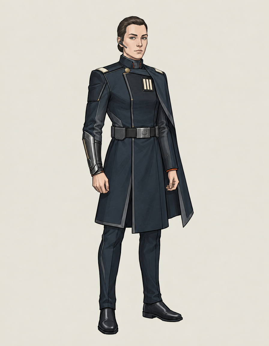 A naval captain in a knee-length coat with triple rank bars and a half cape