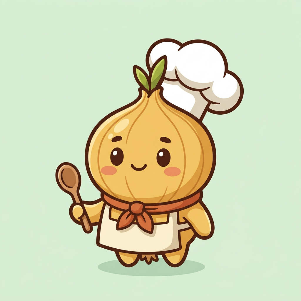A round golden onion mascot in a chef's hat and apron, holding a wooden spoon