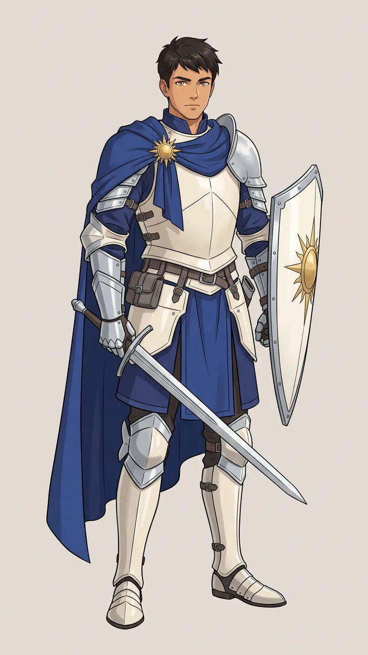 The base knight: cream and silver plate, a blue cape with a sun clasp, a sword, and a sun-emblem shield