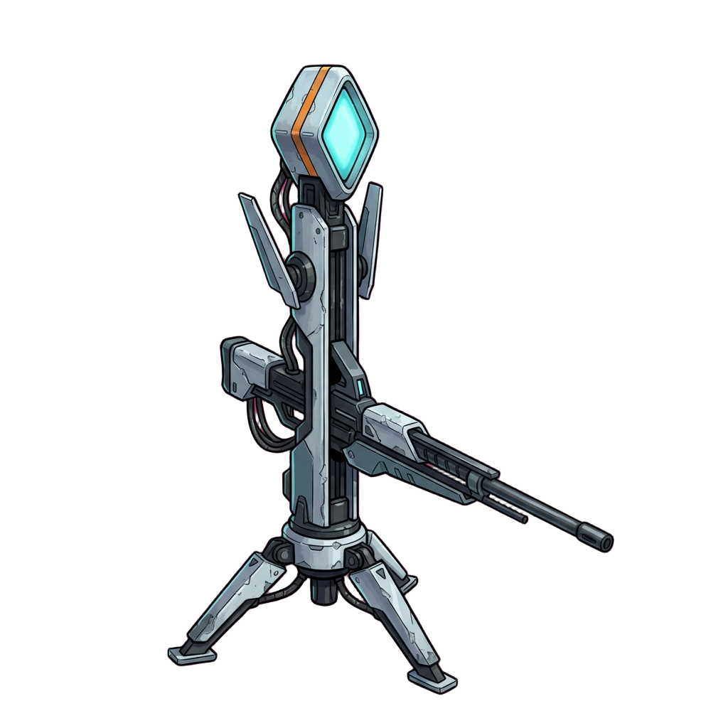 A tall tripod sentry with a rail gun and a diamond-shaped cyan optic