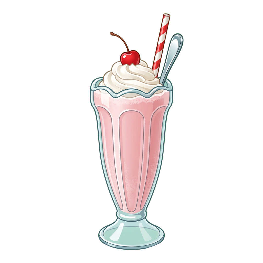 A strawberry milkshake in a tall fluted soda-fountain glass with whipped cream, a cherry and a striped straw