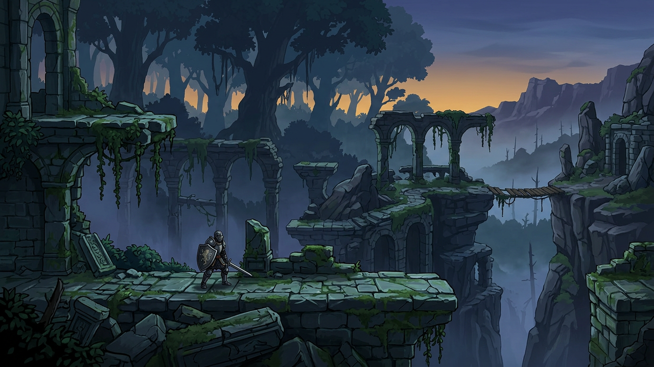 A side-scrolling fantasy platformer screenshot with no HUD